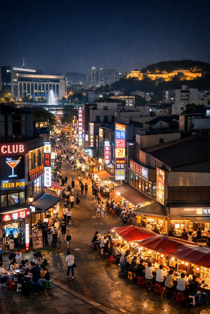 청주 도심에서 즐기는 밤문화 풍경, 네온사인과 포장마차가 어우러진 청주 밤거리 모습