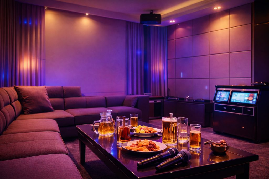 청주 프라이빗 노래방 룸 내부 전경과 고급 소파, 테이블, 마이크가 놓인 실내 공간