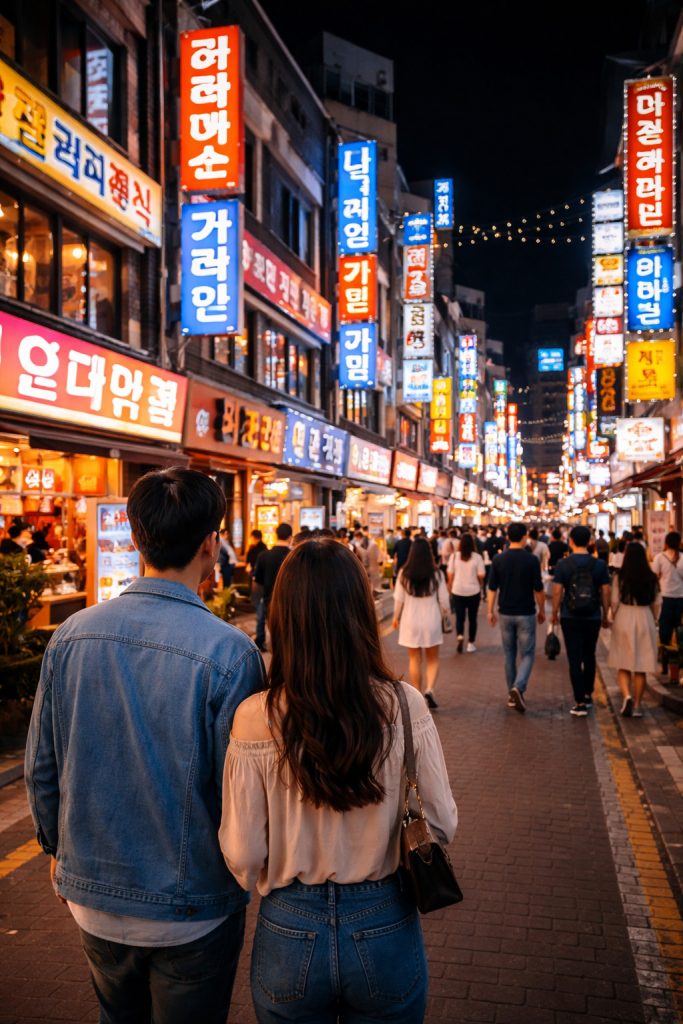 청주 사창동 도심의 밤거리와 활기 있는 야간 상권 전경