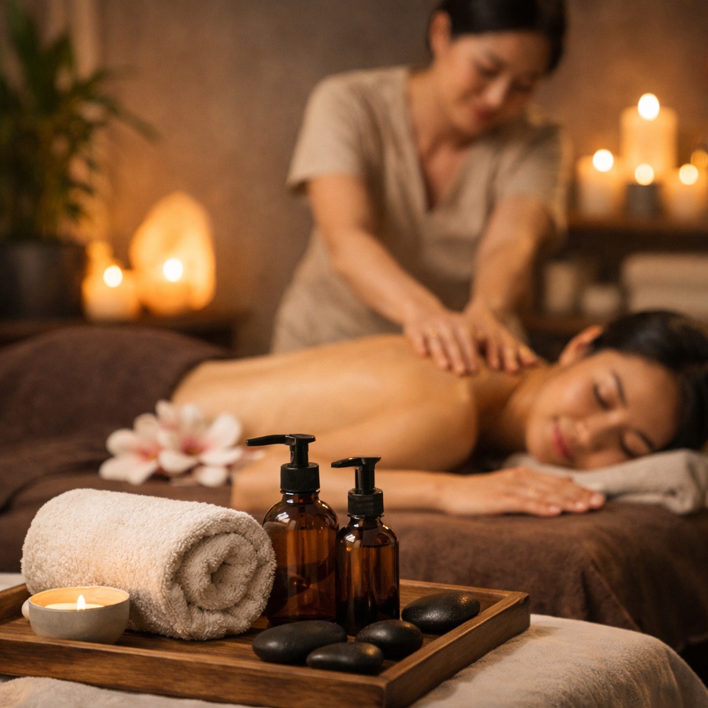 청주 스웨디시 마사지 공간에서 전문 테라피스트가 고객에게 부드러운 관리 서비스를 제공하는 모습