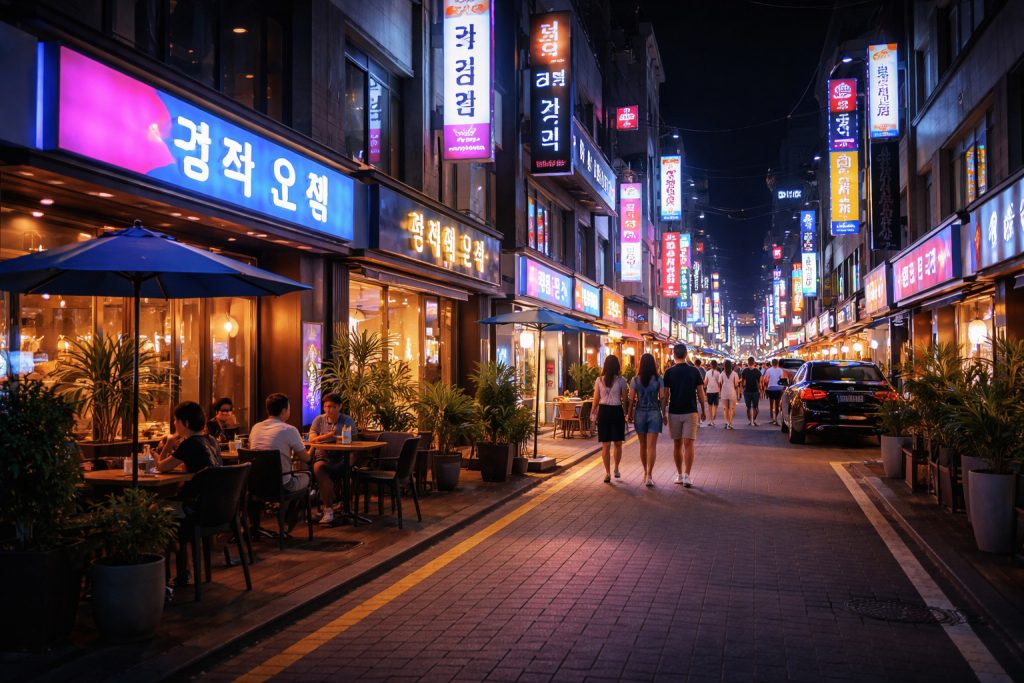 청주 율량동 일대의 현대적인 도심 야경과 주거·상업 복합 지역 풍경