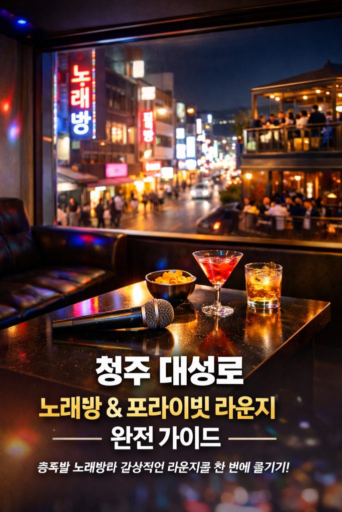 노래방 마이크와 칵테일이 놓인 테이블과 창밖 야경, 라운지에서 와인을 즐기는 커플이 함께 보이는 청주 대성로 밤문화 분위기