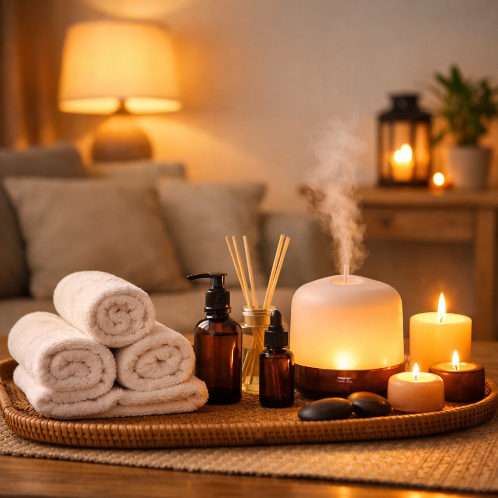 청주 홈타이 마사지 분위기를 표현한 따뜻한 조명의 힐링 공간과 타월, 디퓨저 소품