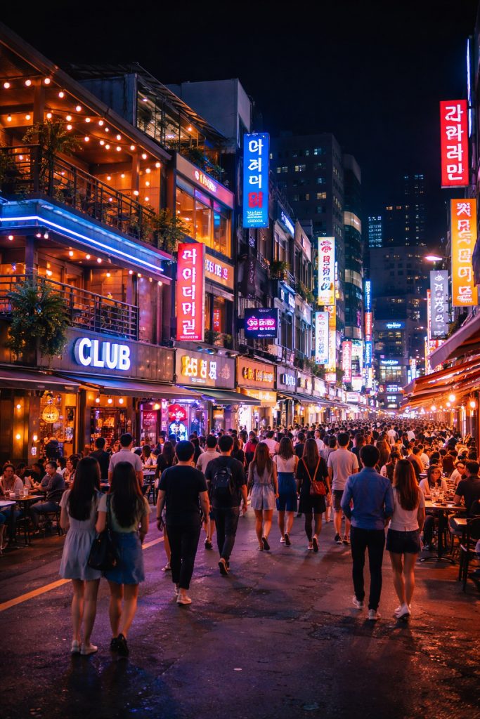 청주 도심의 밤거리와 조명이 어우러진 청주 유흥 핫플 전경