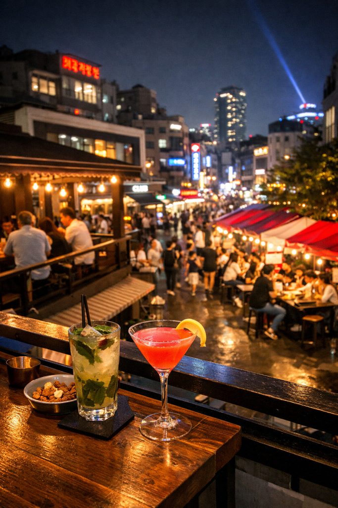 청주 야간 거리와 루프탑 바에서 바라본 밤문화 풍경, 칵테일과 포차 골목이 어우러진 분위기