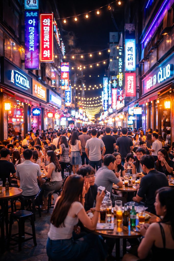 네온사인과 조명이 켜진 밤거리에서 사람들이 모여 앉아 술과 대화를 즐기는 청주의 야경 모습