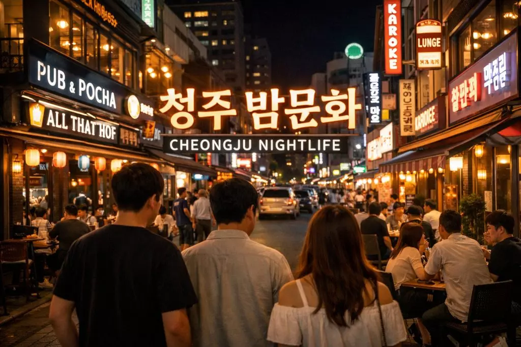 청주 밤거리에서 사람들이 네온사인 아래에서 걷고 있는 모습